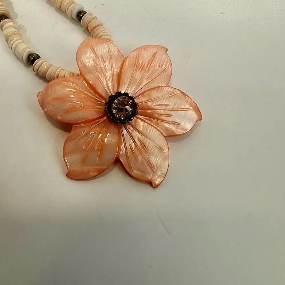 Sterling silver pink abalone flower beaded necklace
